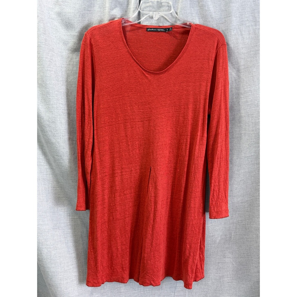 Gudrun Sjoden Womens Orange Red Linen Blend Long Sleeve Tunic Top Size M Pleated